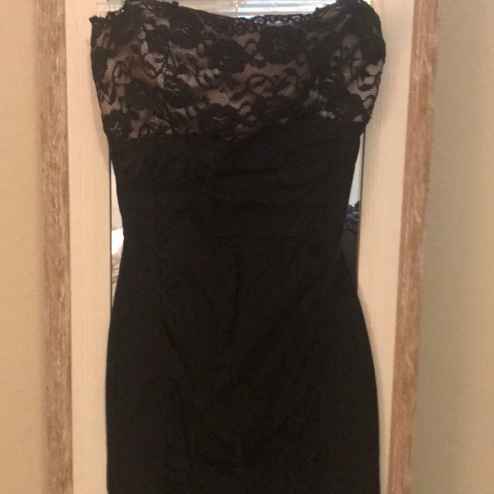 Black strapless mini dress with lace chest